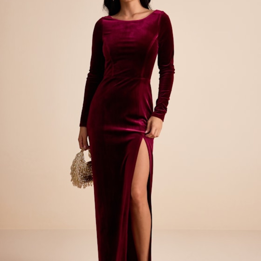 Lulus Duarte Burgundy Velvet Cowl Back Long Sleeve Maxi Dress Red - Size XS NWT